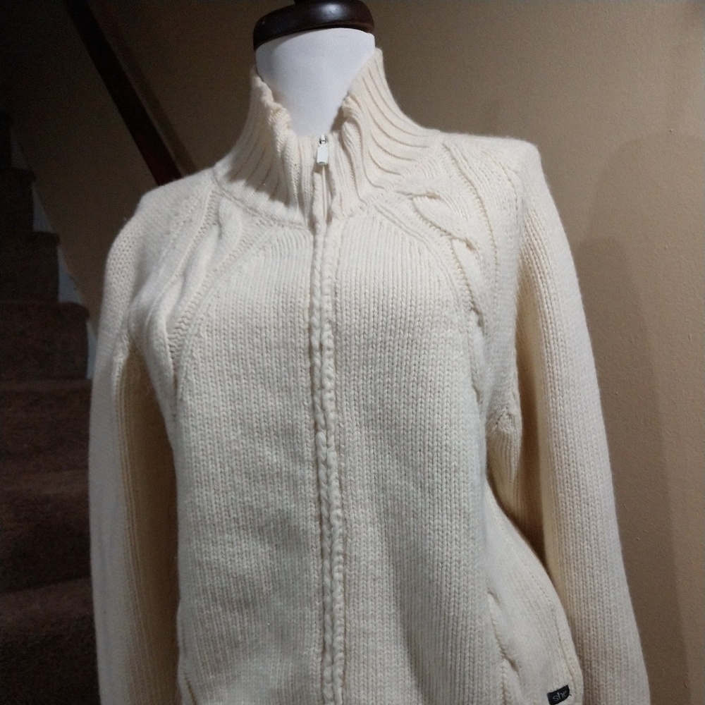 Women's Fisherman's White Wool Zip Up Sweater, L